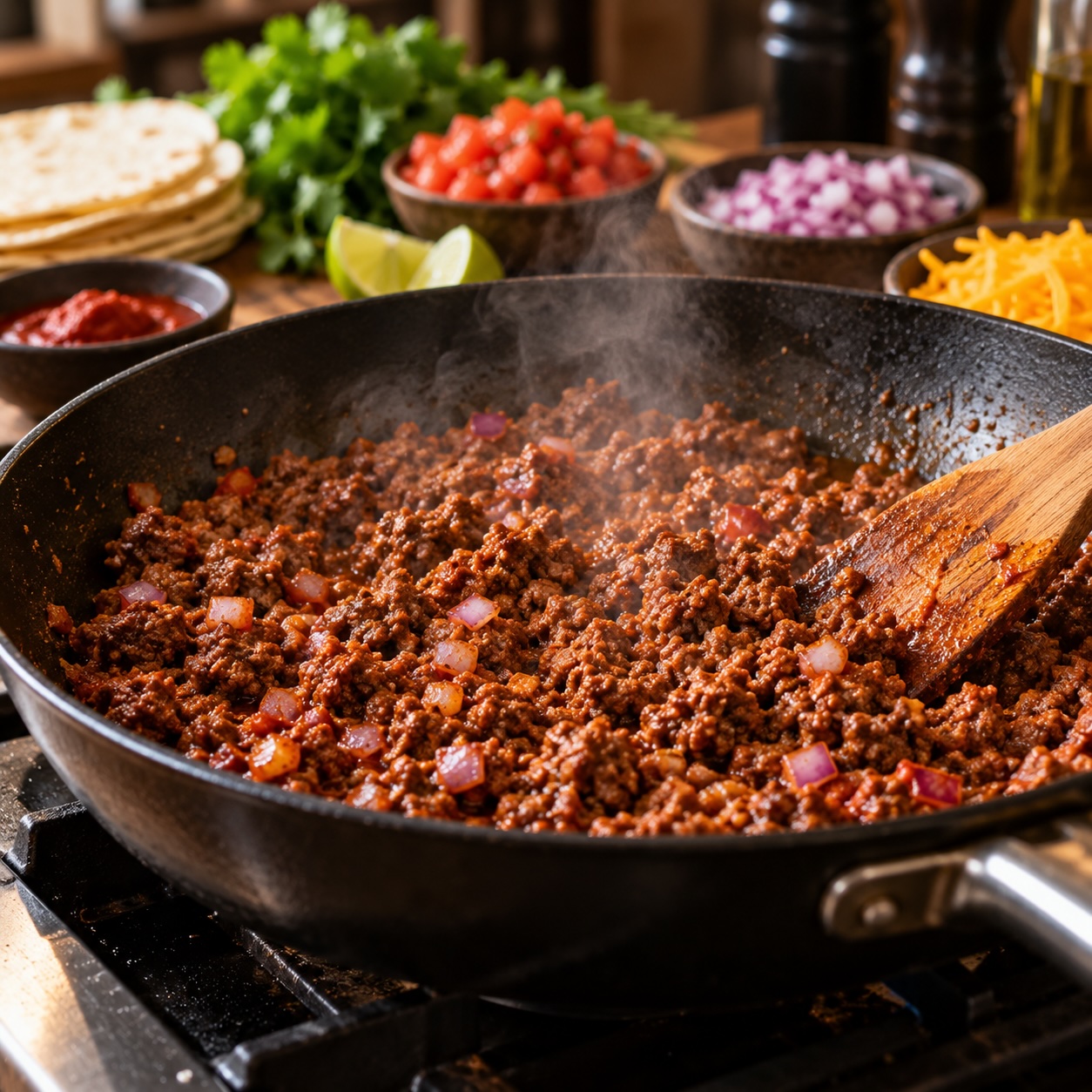 Würziges Rinderhackfleisch für Beef Tacos beim Anbraten in der Pfanne